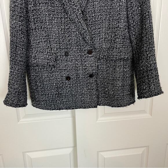 Theory Piazza Noelle Black Tweed Fringe Trim Blazer Jacket Sz 10 - Picture 4 of 14